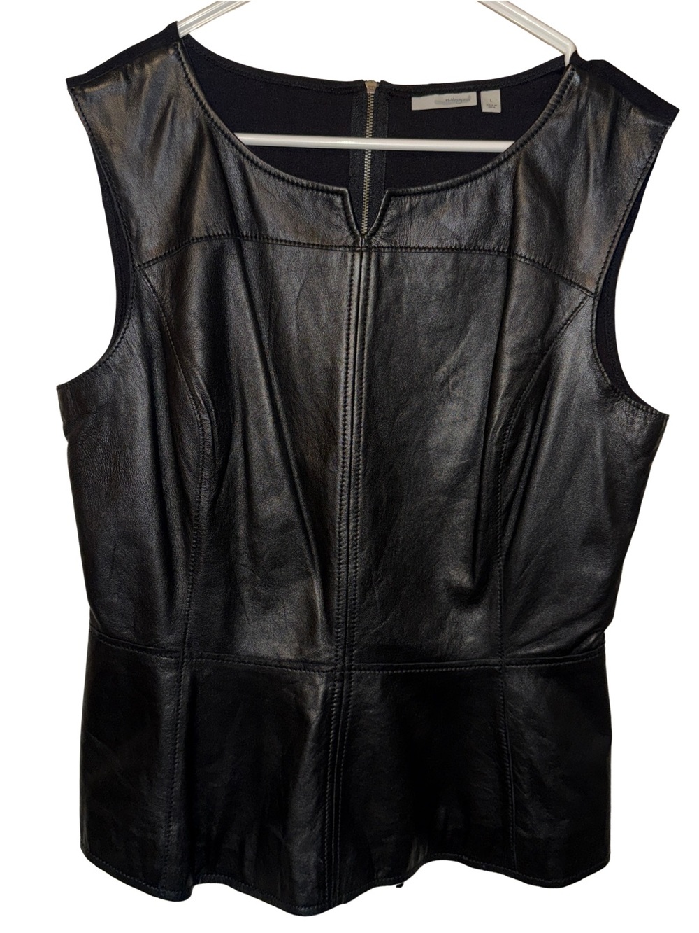 Halogen Black Leather Front Peplum Top Sleeveless Knit Back Zip Women’s L